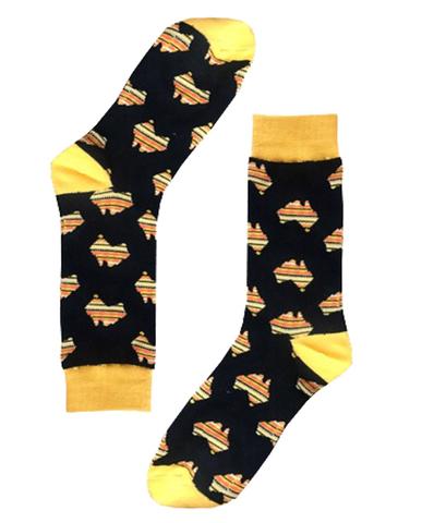 black and yellow cotton socks with australia map pattern