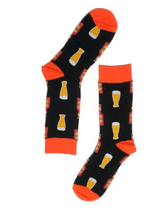 black and orange cotton socks with beer pattern on it